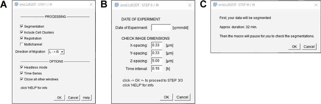 anaLLzR2DT opening dialog A Opening dialog: Main functionality B Opening Dialog: metadata setup options C Time approximation dialog and basic instructions.