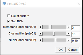 anaLLzR2D opening dialog checkboxes Choose to count nuclei and whether ROIs sorting should be applied. sliders Choose filter and blurring levels.