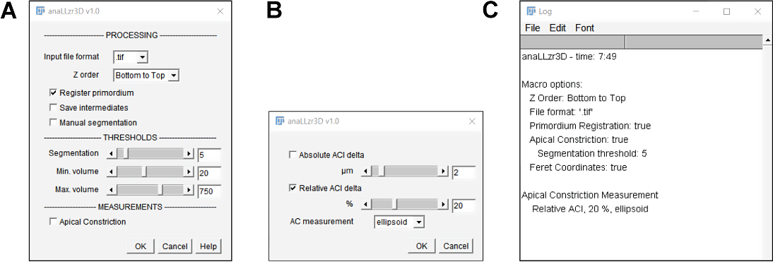 anaLLzR3D opening dialog A Opening dialog: Main functionality B Opening Dialog: Apical Constriction options C Log window after startup
